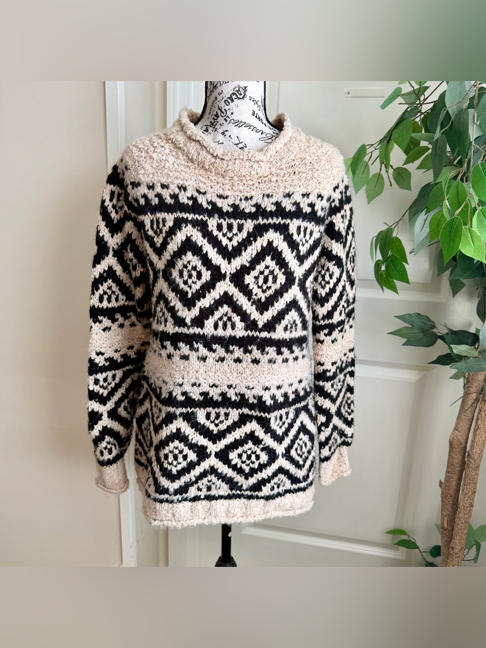 Forever 21 Y2K Chunky Fair Isle Wool Alpaca Blend Knit Sweater Beige Sz S